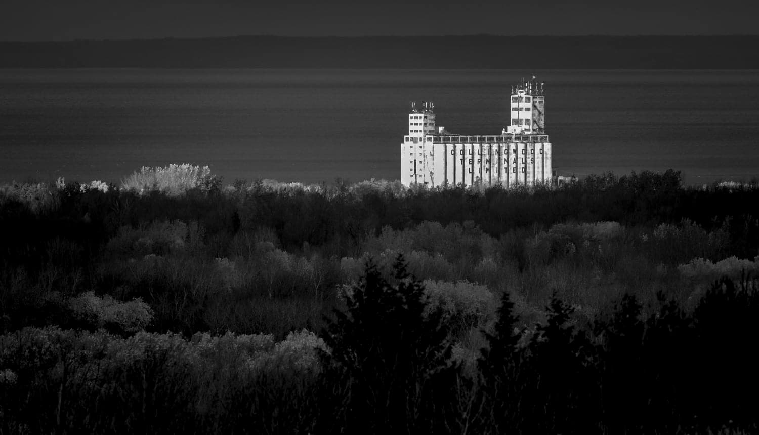 Black and white study of the Collingwood grain terminal at dusk
