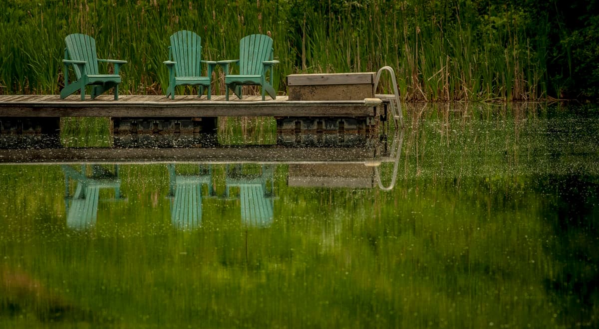 Three Muskoka chairs on a dock above still green water