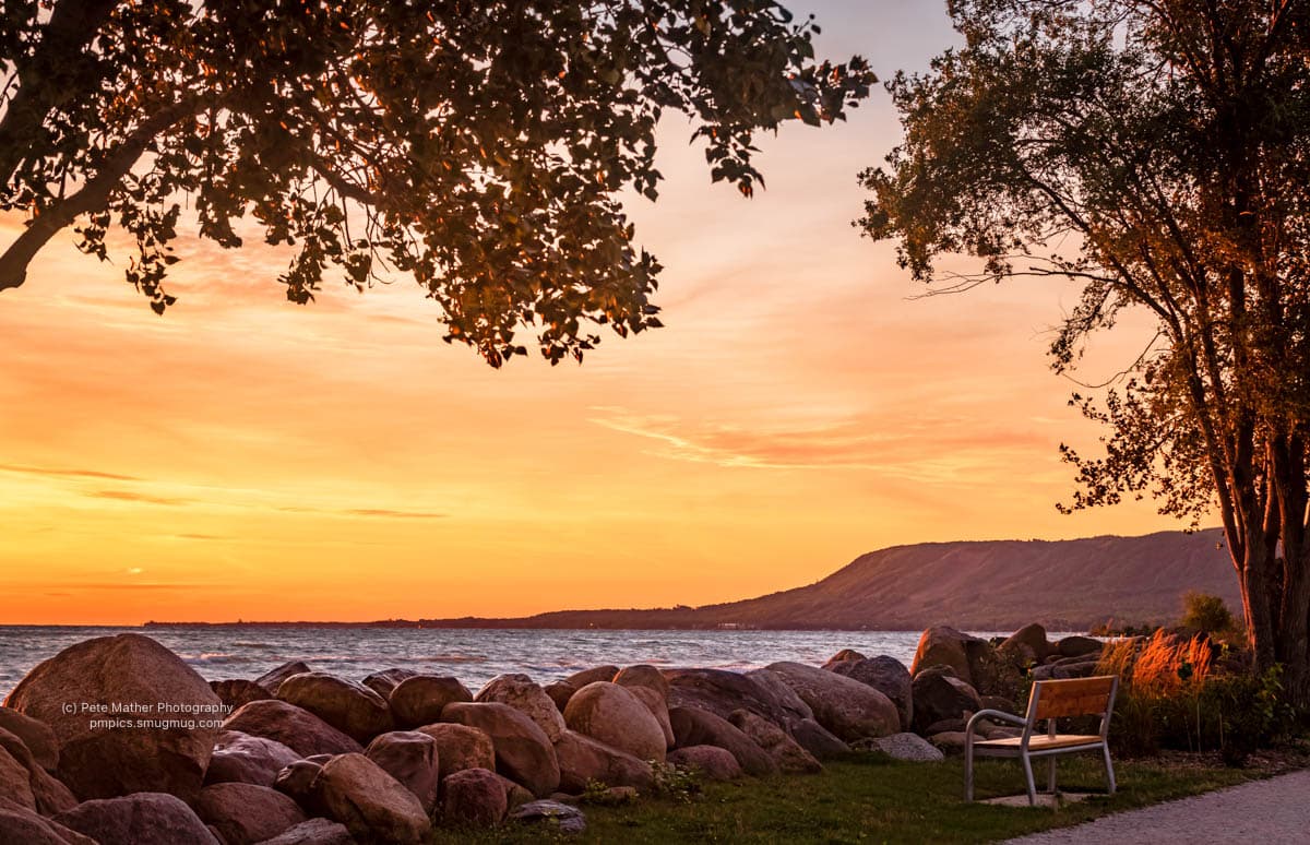 Shoreline framed by trees, rocks and a bench in warm light